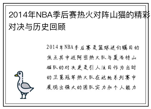 2014年NBA季后赛热火对阵山猫的精彩对决与历史回顾